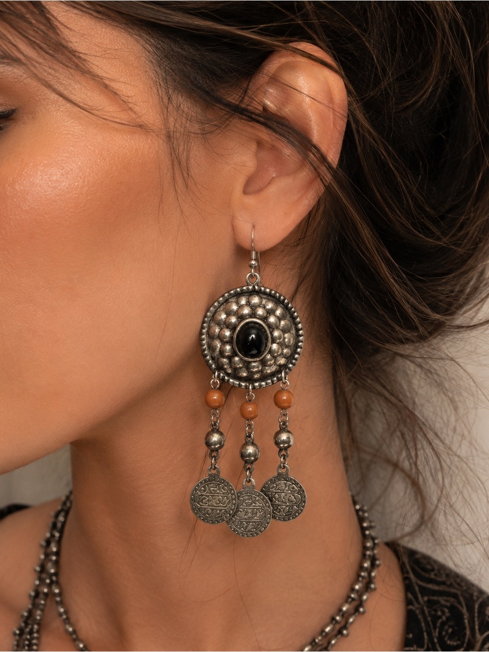 Boho Silver Coin Dangle Statement Earrings